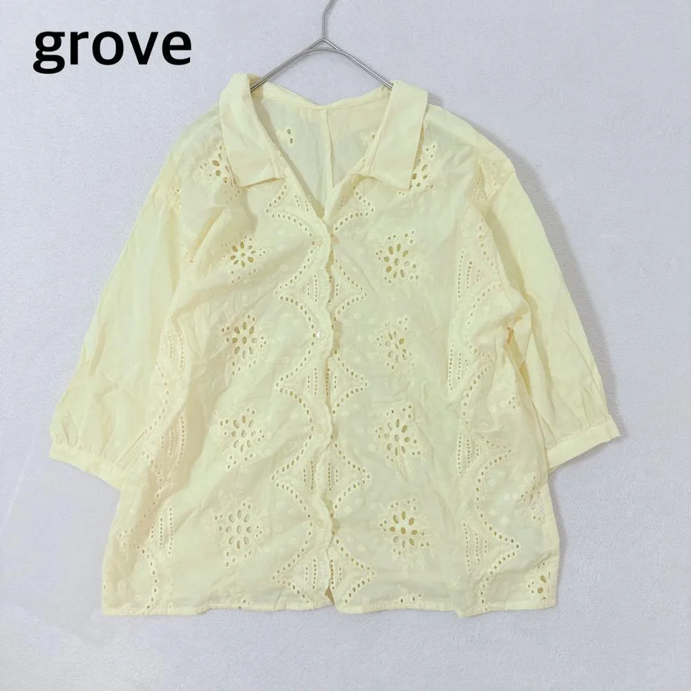 grove グローブ コットンレース ブラウス M シャツ 七分袖 ワールド