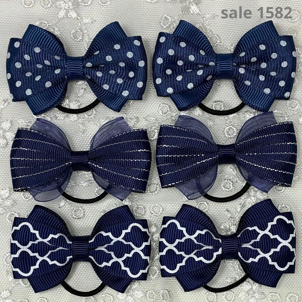【まとめ売り 1582】ハンドメイド ヘアゴム ネイビー系 3柄6個セット
