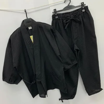 新品★メンズ★Lサイズ★しじら 綿混 作務衣 さむえ 上下セット 黒 4681