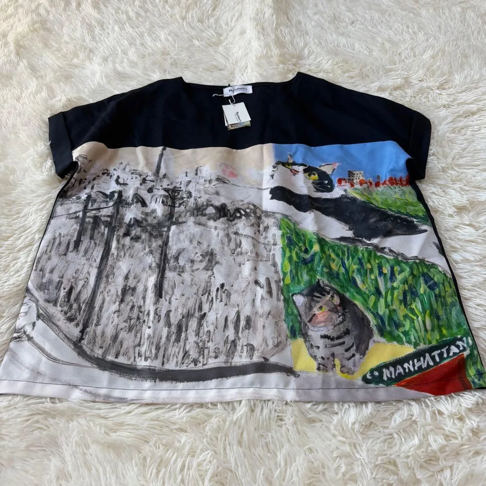 ใหม่พร้อมป้าย เสื้อยืดแขนสั้นลายแมว Manhattaner