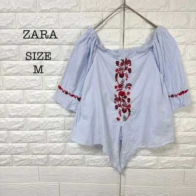 ザラ ZARA オフショルダー ブラウス チュニック 刺繍 M 水色 2way