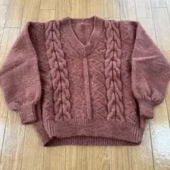 Vネック ケーブルニット セーター くすみピンク