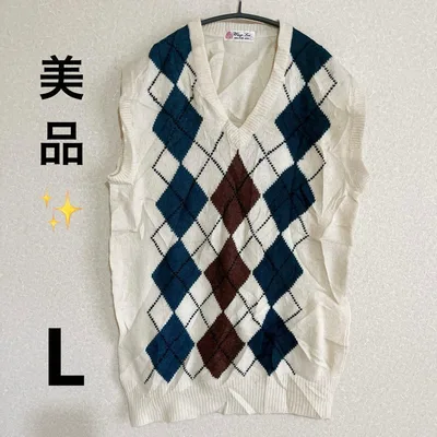 美品★ Vネック ニットベスト ホワイト 【L】 ベスト アーガイル ニット