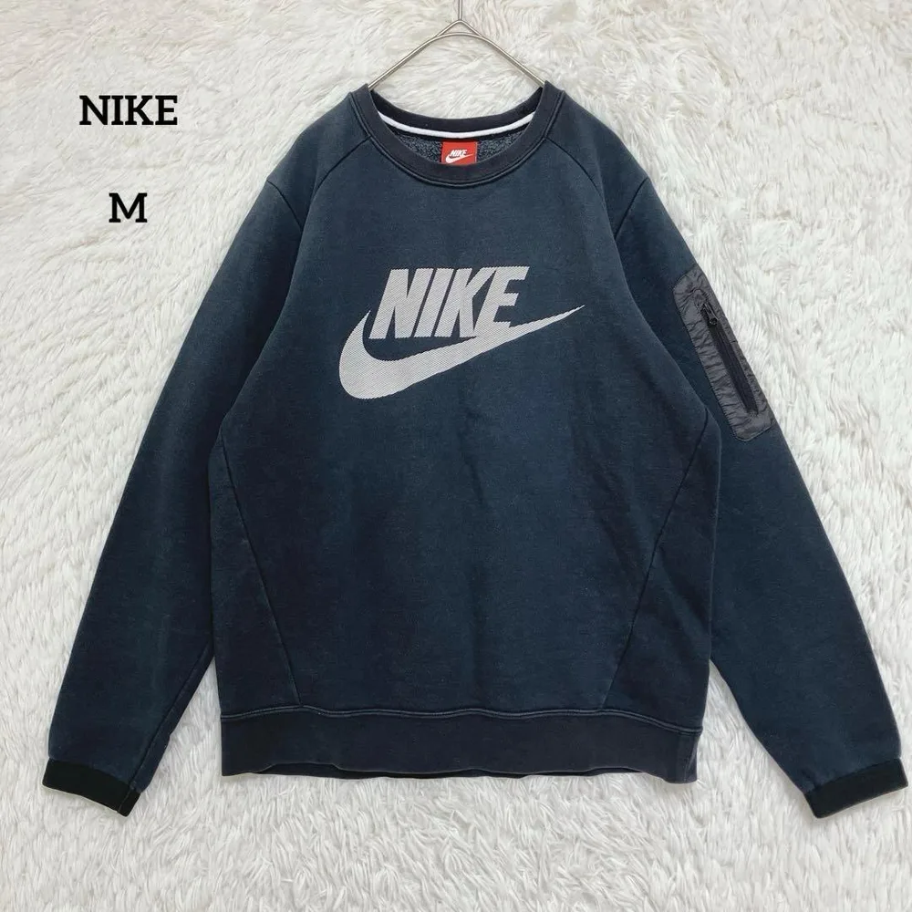 NIKE ナイキ ビッグロゴ スウェット M ネイビー アームポケット 裏起毛