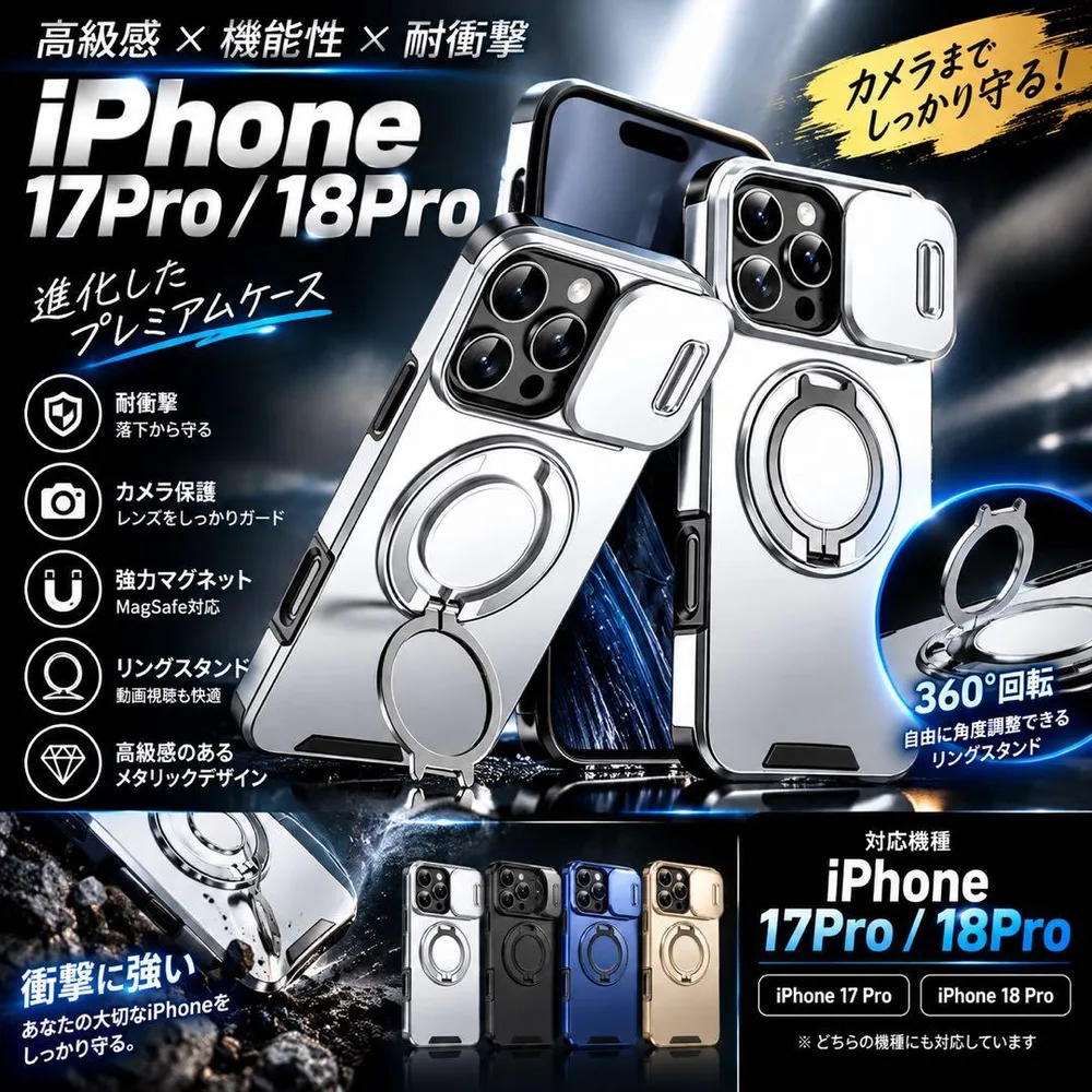 iPhone 17Pro/18Proケース 耐衝撃 リング付