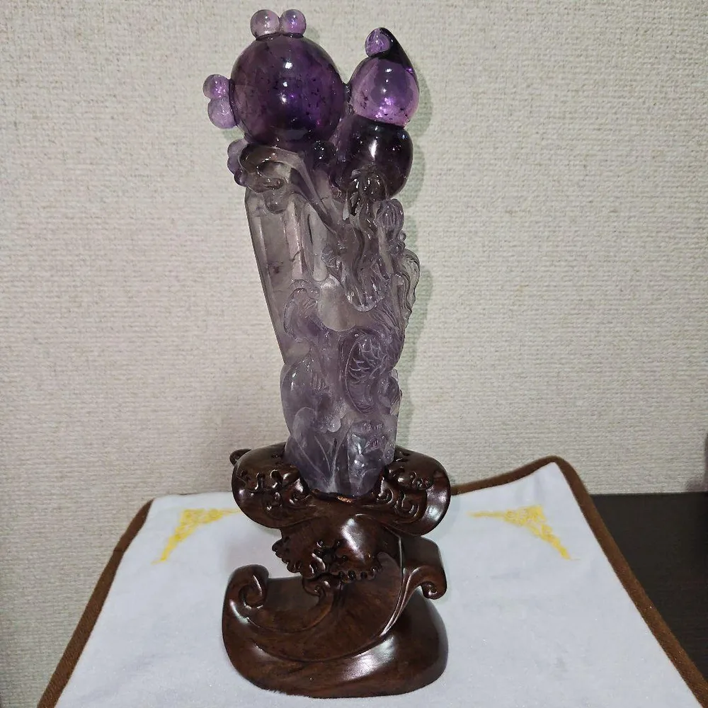 アメジスト 龍 彫刻 置物 台座付き834g 台座無しで約21cm