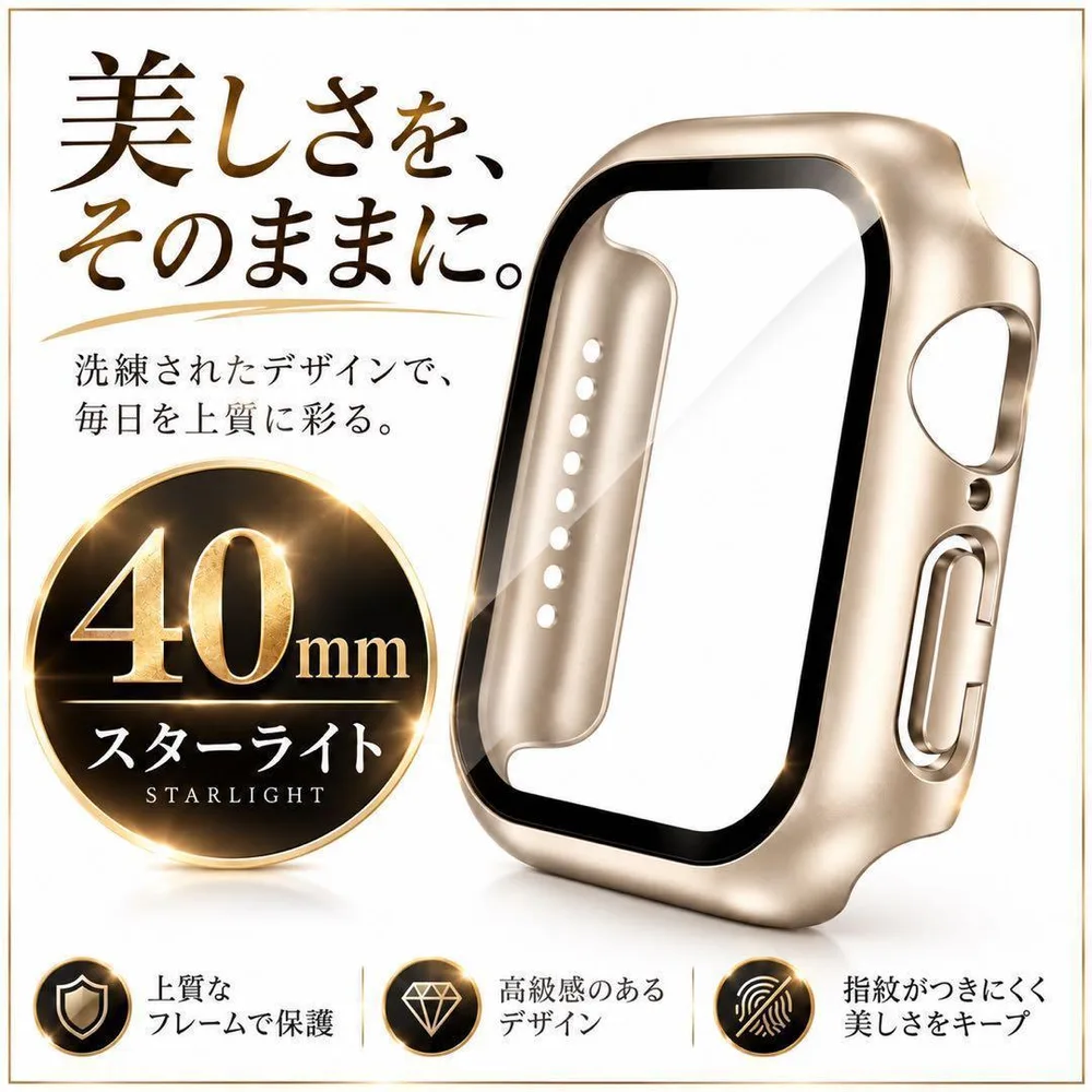 AppleWatch ケース 40mm ゴールド スターライト全面 薄型 カバー