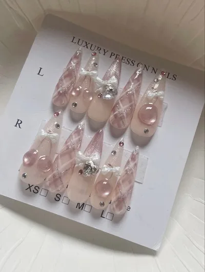 ネイルチップ オーダー 韓国ネイル リボン ちゅるん さくらんぼ ピンク
