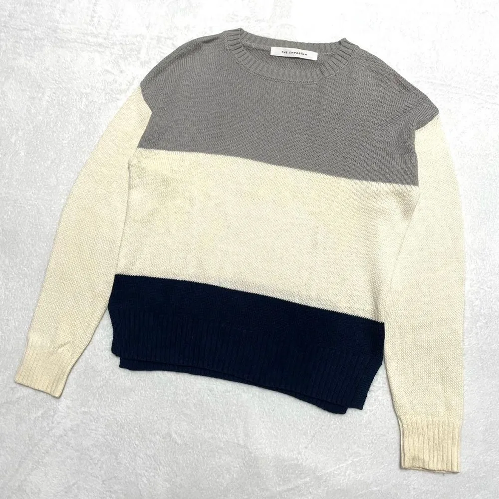 THE EMPORIUM◇バイカラー ニット 長袖 クルーネック 白 紺 M