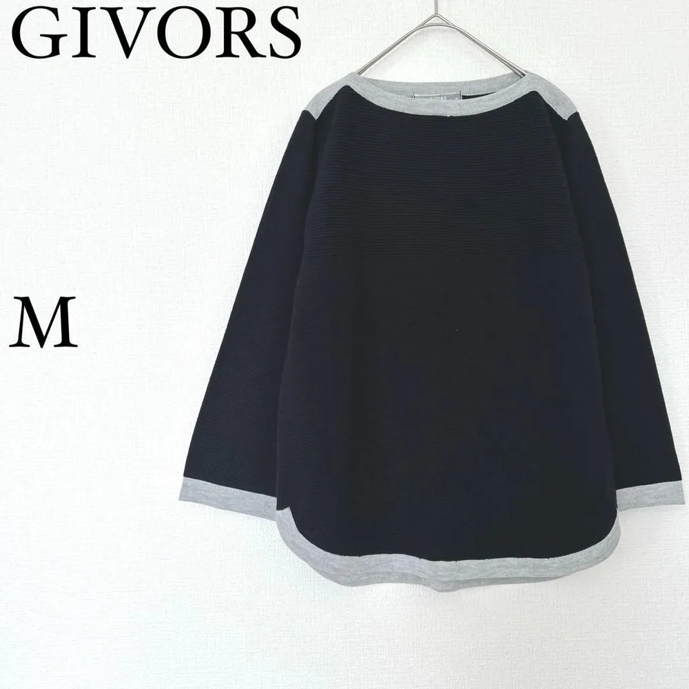 ジボール GIVORS ワッフル編み ニット 長袖 M ネイビー グレー 配色