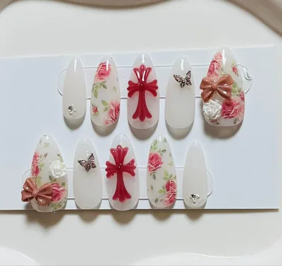 ネイルチップ ホワイト レッド クロス 薔薇 リボン 蝶 クロムネイル