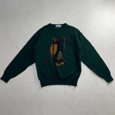 デザイン◎ vintage 90s ウールニット ゴルフ グリーン リブ L