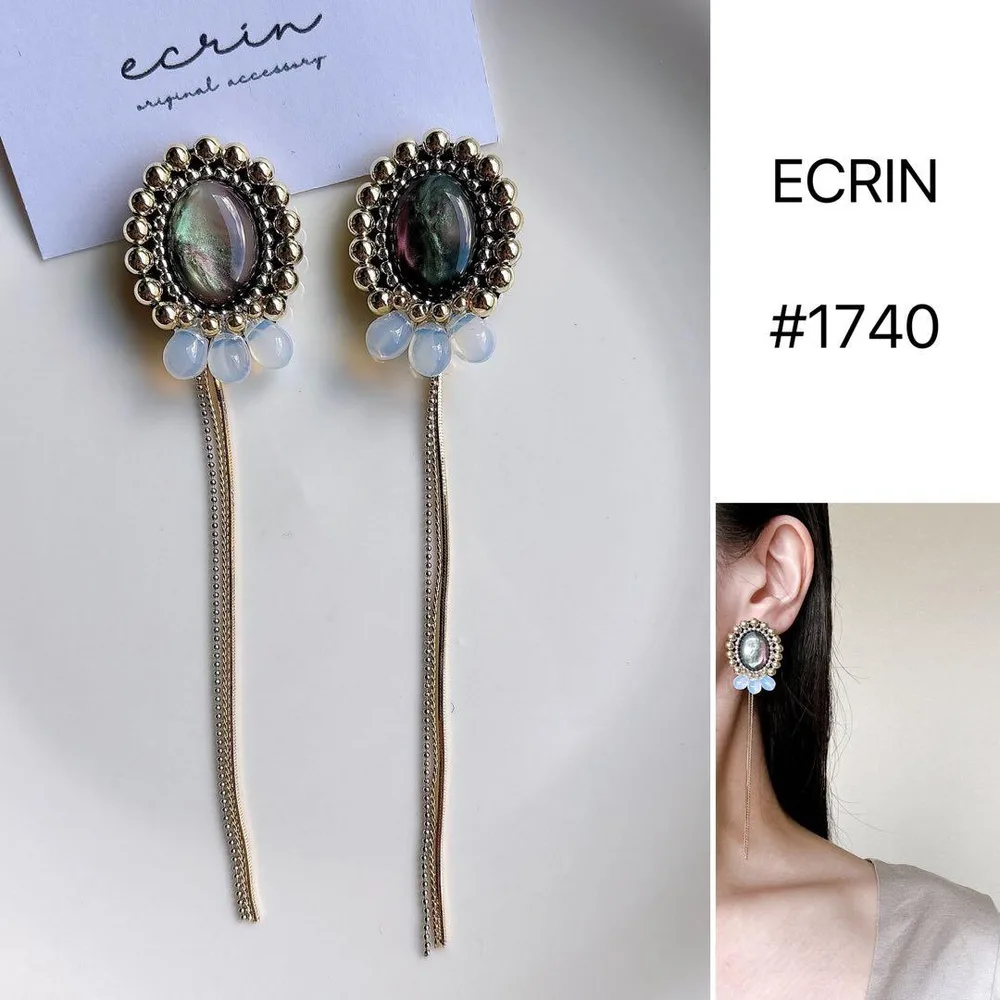 【#1740】ビーズ刺繍 チェーン カボション ハンドメイド アクセサリー