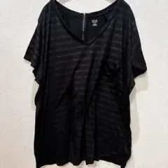 【大きいサイズ3XL】a.n.a ジップデザイン 透け感 ボーダーカットソー 黒