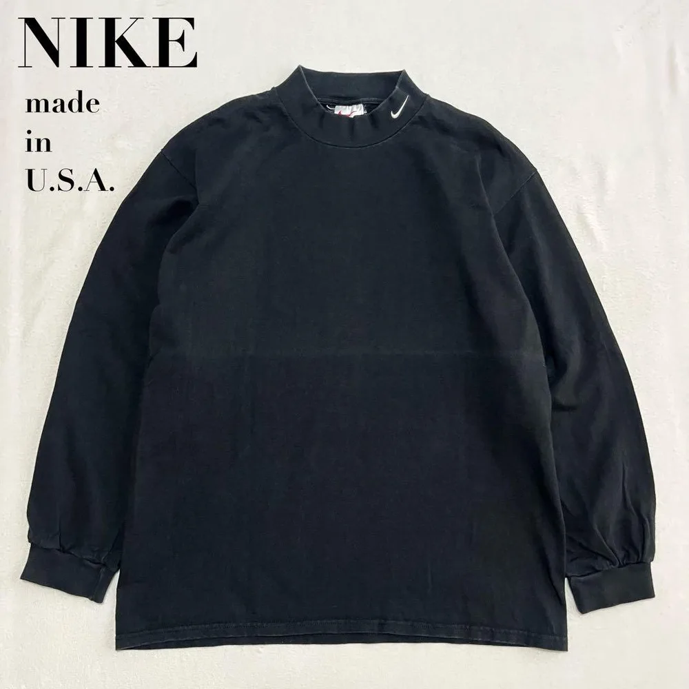 90s USA製 白タグ NIKE モックネック ロングTシャツ 黒 刺繍 L