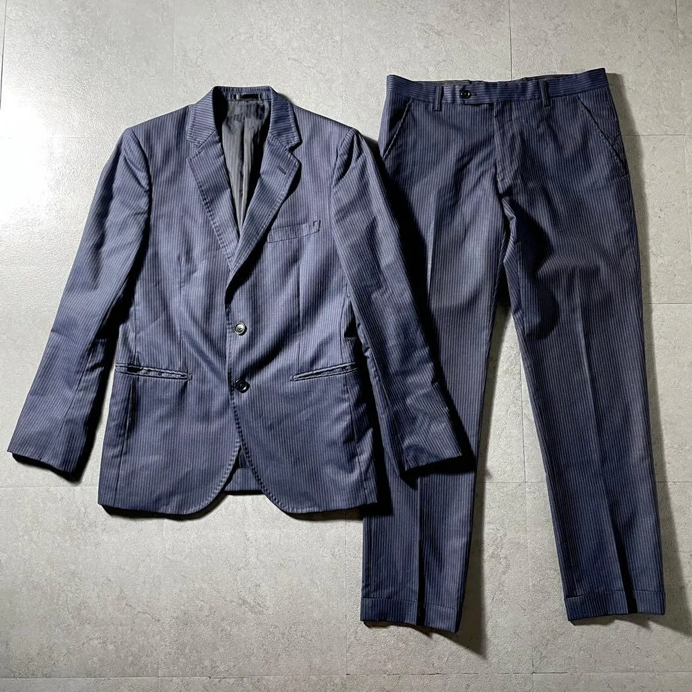 美品 ✨️ MALE&CO メンズスーツ シャイニーウール ストライプ ネイビー
