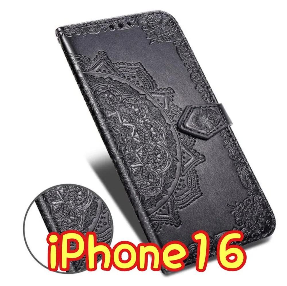 エンボス加工スマホケース 手帳型 iPhone16 ブラック ⑤