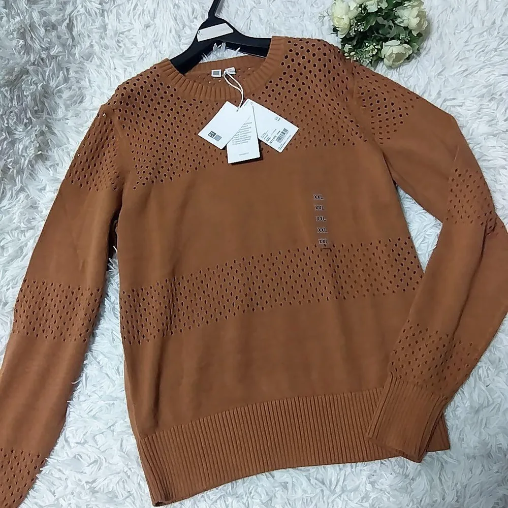 タグ付き ユニクロ コットンメッシュクルーネックセーター ブラウン XXL