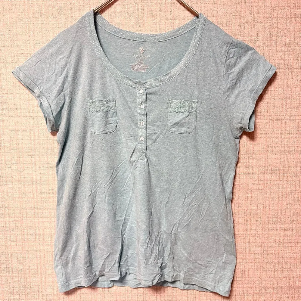 ユーエスポロアッスン ヘンリーネック 半袖Tシャツ 無地 L 青色 コットン混