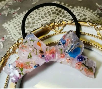 押し花入り リボンヘアゴム レジン ハンドメイド