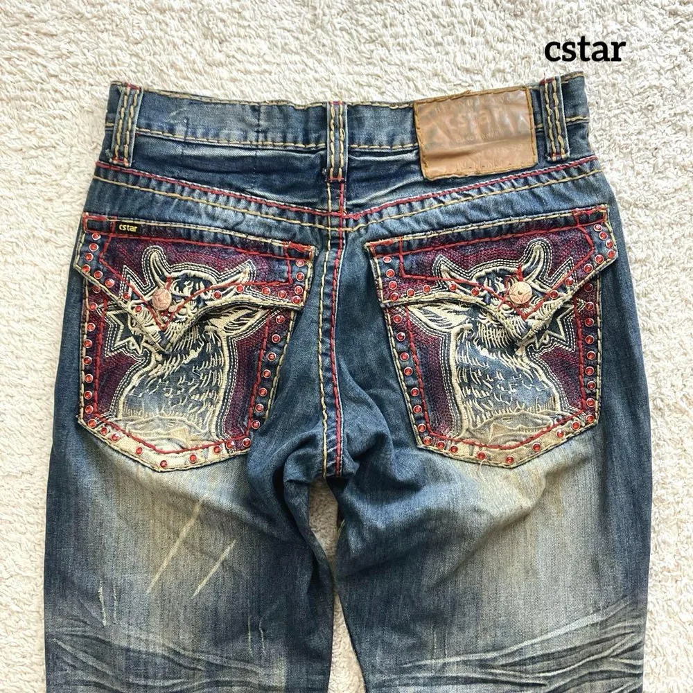 Y2K cstar 濃紺 極太ステッチ 巨大刺繍 ラインストーン デニム W32