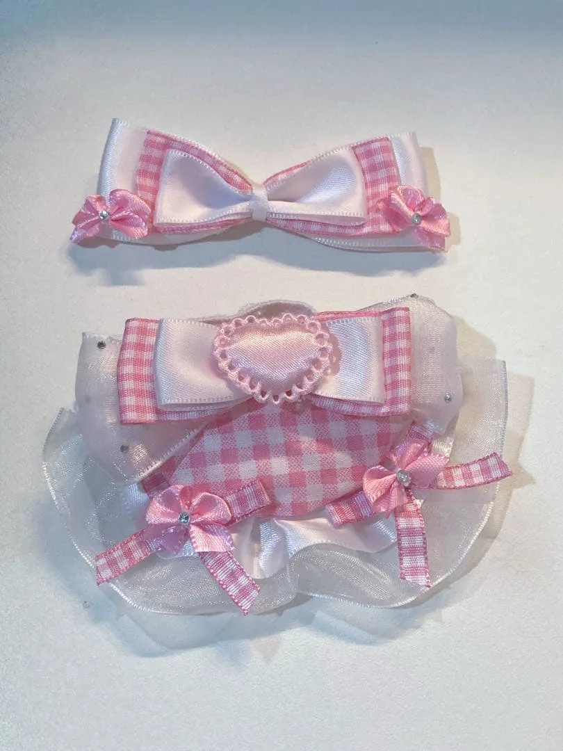 ぬい服 おすわりぬい服 ちびぐるみ リボン エプロン スタイ ピンク