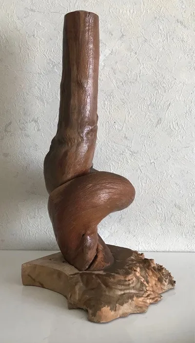 骨董品 天然木台付きくりぬき花瓶 木製抽象花器