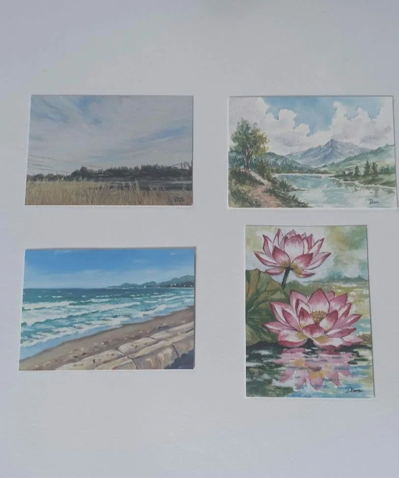 ACEOミニ絵画 4枚セット 水の風景 湖・海・川・睡蓮 水彩画
