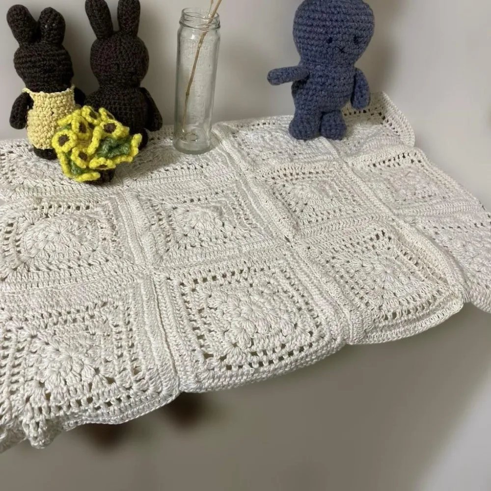 クロシェ編み モチーフつなぎ マルチカバー ハンドメイド アイボリー