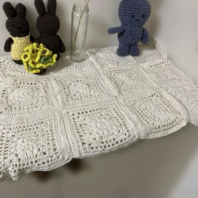 クロシェ編み モチーフつなぎ マルチカバー ハンドメイド アイボリー