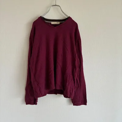 A1084 TAKEO KIKUCHI Vネック カットソー Tシャツ えんじ