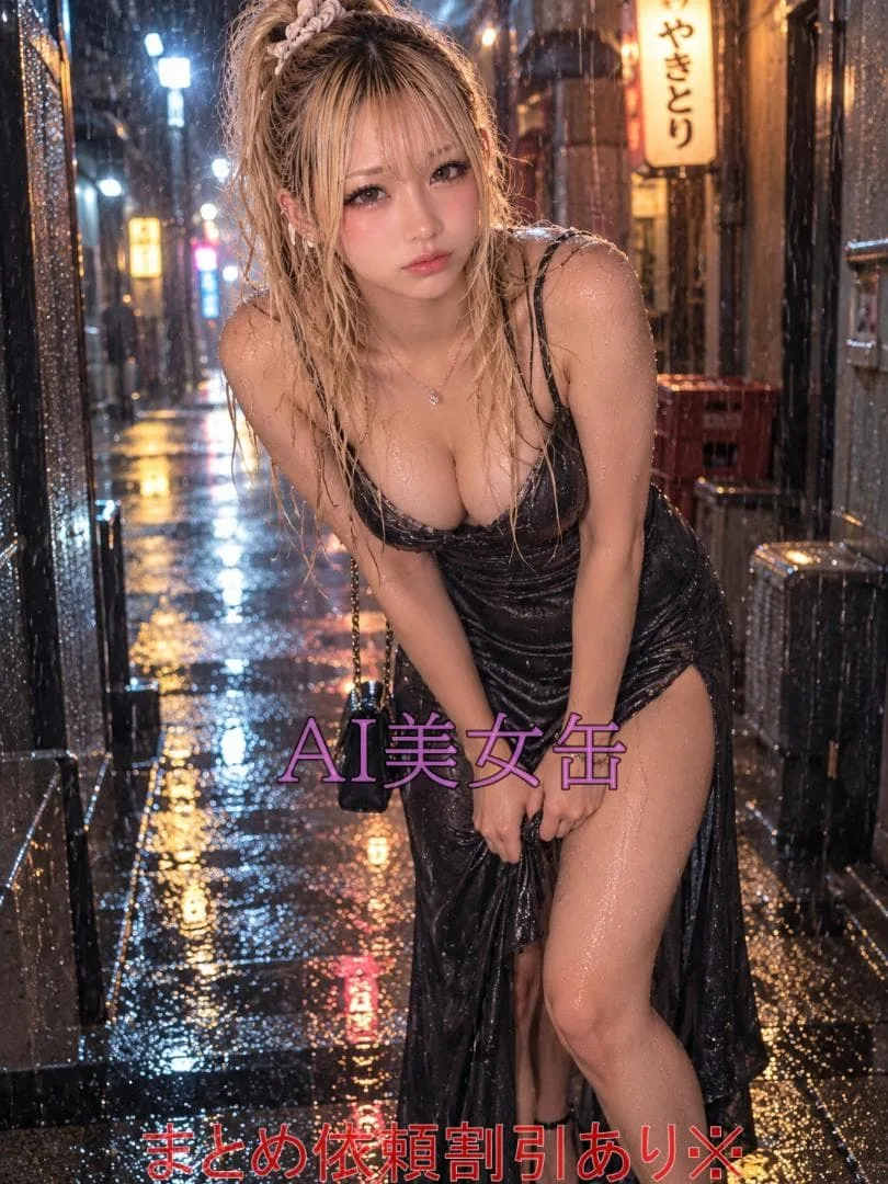 BIJ1379 美女 AI 可愛い 金髪 ギャル 巨乳 ドレス 雨 土砂降り