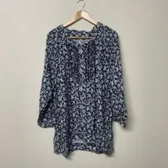 新品3L 大きいサイズ ゆったり花柄シャツチュニック ネイビー