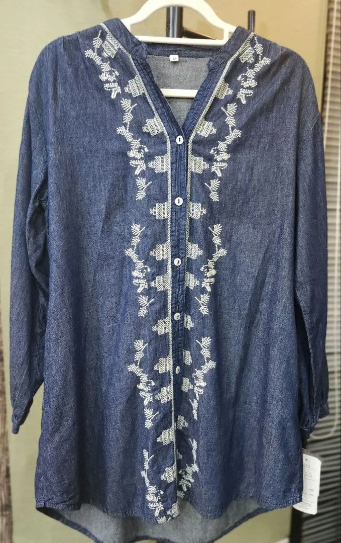 デニム刺繍ブラウス 長袖 インディゴブルー