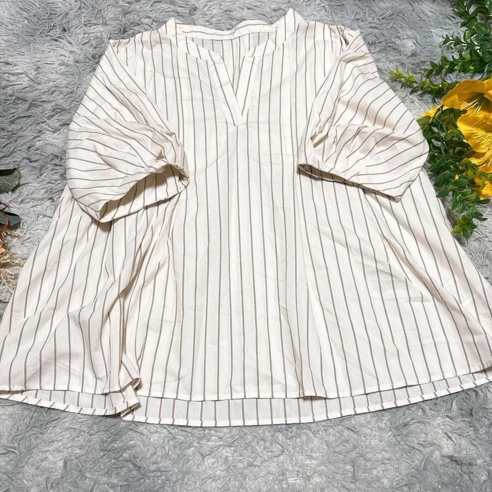 ドレスキップ ストライプ柄 パフスリーブ スキッパーブラウス (LL) ポリ綿
