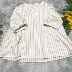 ドレスキップ ストライプ柄 パフスリーブ スキッパーブラウス (LL) ポリ綿