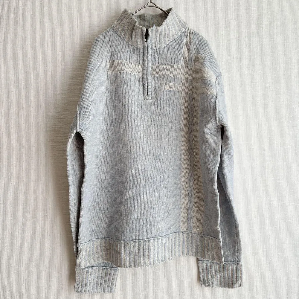 ジョージ 格子柄 ニット ハーフジップ 長袖 S 水色 白 綿 お出かけ