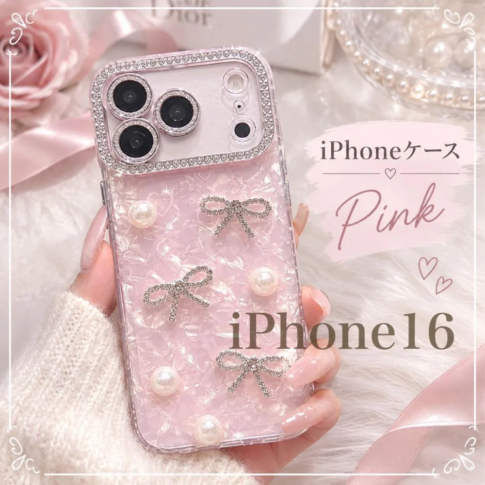 iPhone16 ケース リボン パール ラインストーン 韓国 可愛い 女の子