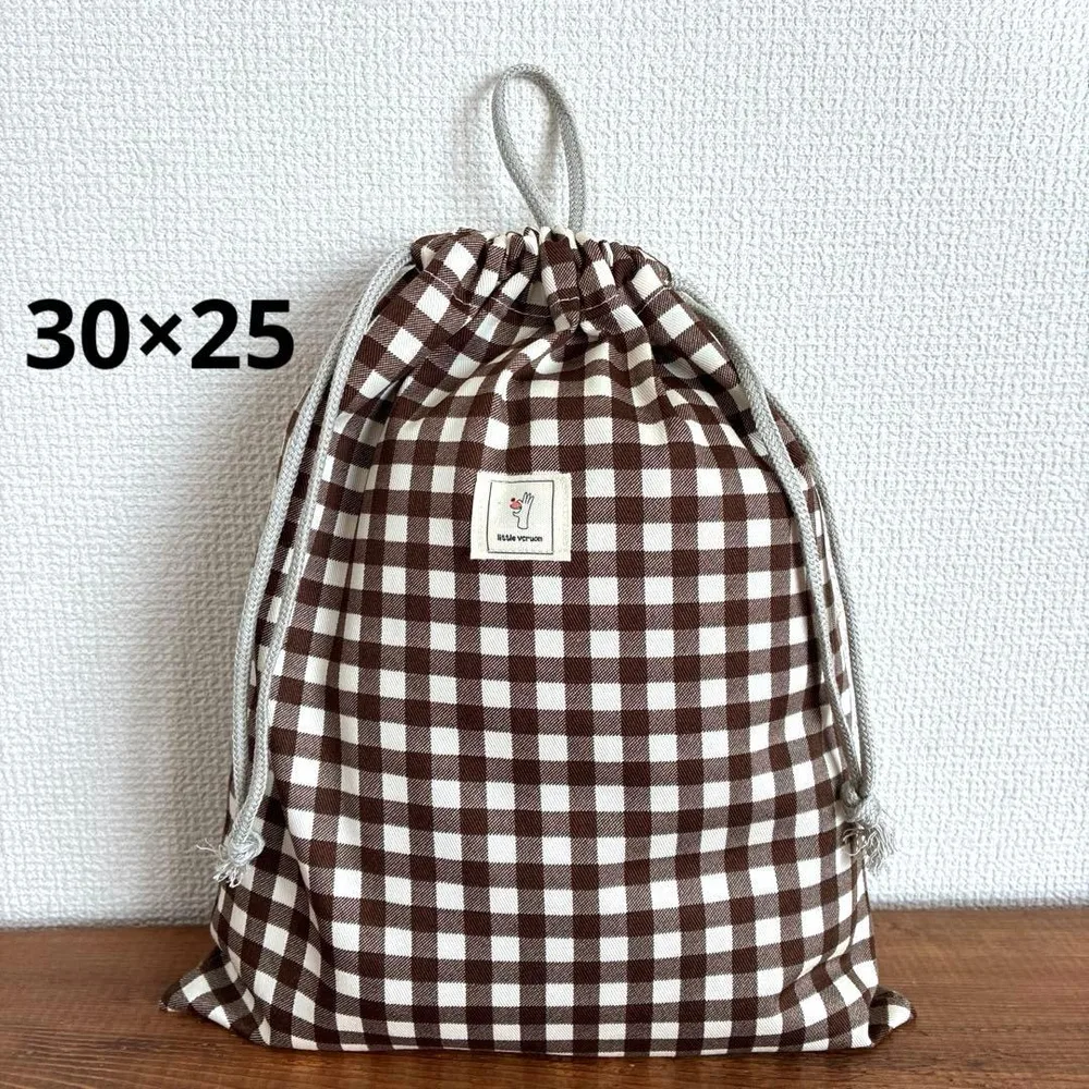 30×25cm<ブラウン×ギンガム>給食袋 体操服袋着替え袋巾着袋 男の子女の子