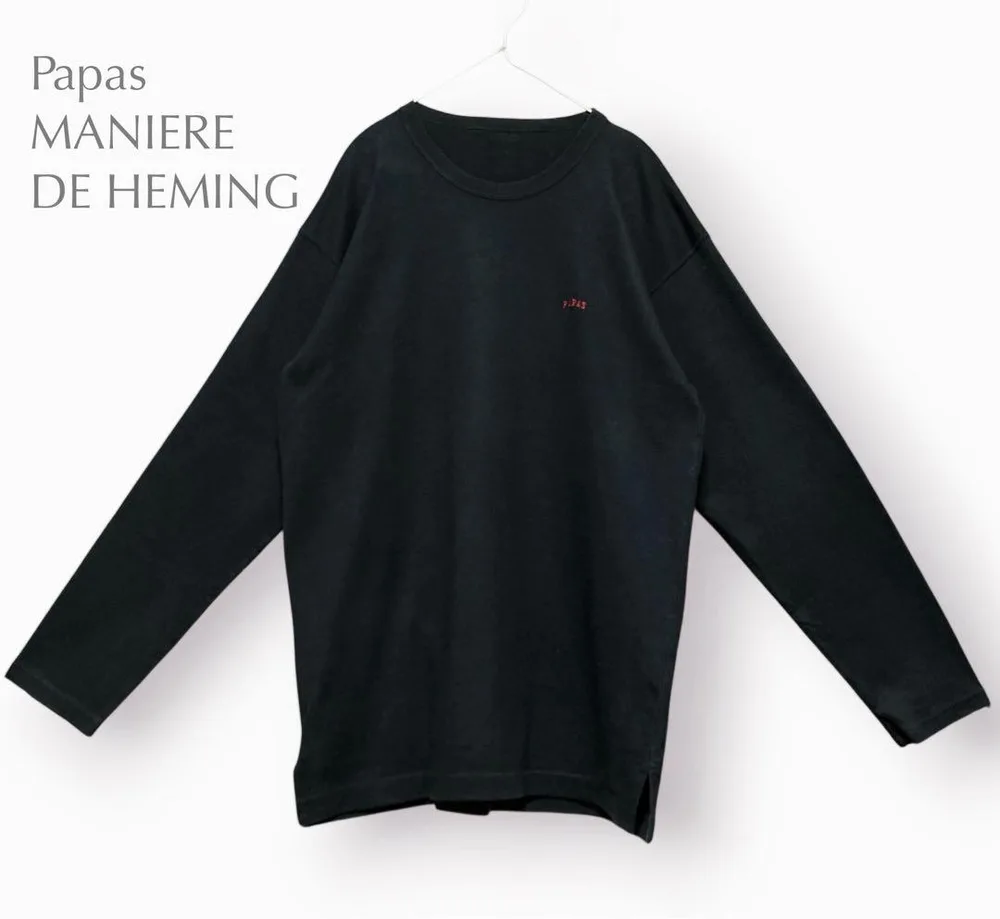 美品 Papas パパス ロングスリーブ クルーネック Tシャツ 黒 ロゴ刺繍