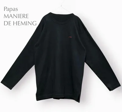 美品 Papas パパス ロングスリーブ クルーネック Tシャツ 黒 ロゴ刺繍