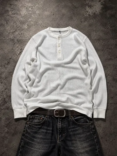 00s OLD UNIQLO 長袖サーマルヘンリーネックTシャツ y2k 短丈