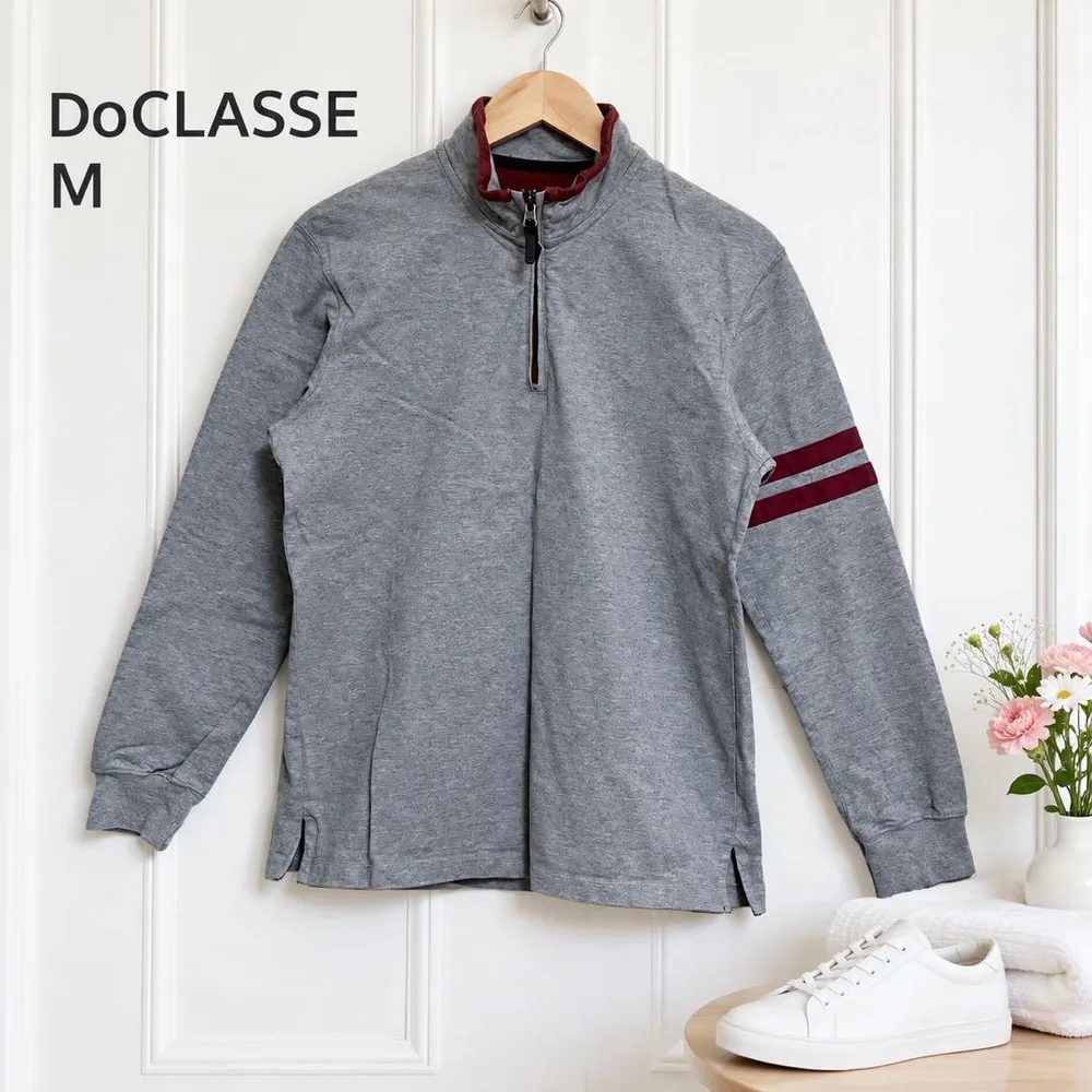 DoCLASSE ハーフジップ 長袖トップス M グレー 袖ライン 綿100%