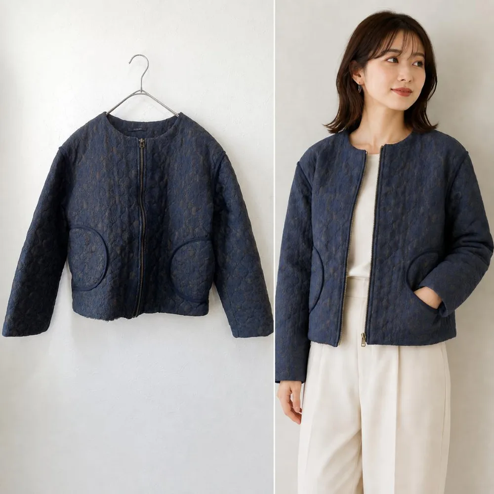 CLOSER 総レース 裏ボア ノーカラージャケット ジップアップ ネイビー上品