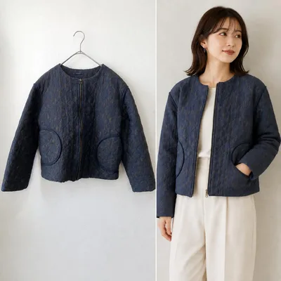 CLOSER 総レース 裏ボア ノーカラージャケット ジップアップ ネイビー上品