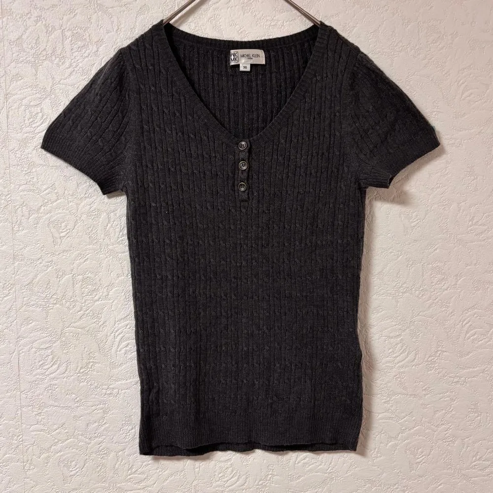 【美品】ミッシェルクラン ケーブル編み半袖ニット ヘンリーネック グレー 38