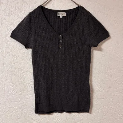 【美品】ミッシェルクラン ケーブル編み半袖ニット ヘンリーネック グレー 38