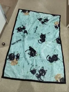黒猫柄 ブランケット 毛布 水色