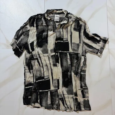 ZARA 半袖シャツ モノトーン 総柄 リラックスフィット M