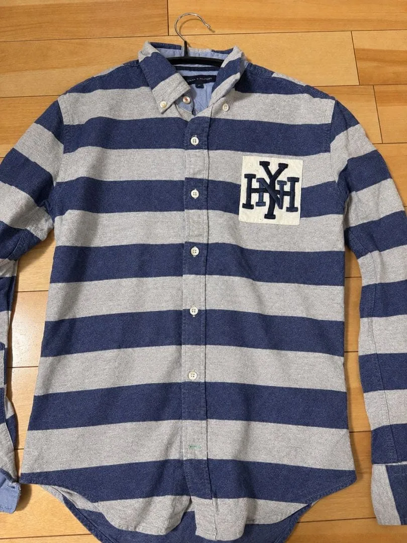 TOMMY HILFIGER ボーダー ラガーシャツ 半袖 M ネイビー グレー